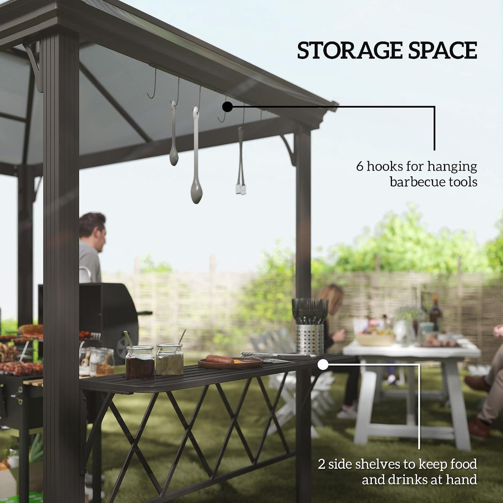 9 x 5 ft. Grill Gazebo, Hardtop BBQ Gazebo Canopy with 2-Tier Polycarbonate Roof, Shelves, Serving Tables