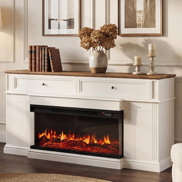63 inch Fireplace TV Stand for TVs up to 70" with 3-Sided Electric Fireplace with Mantel, Modern Media Entertainment