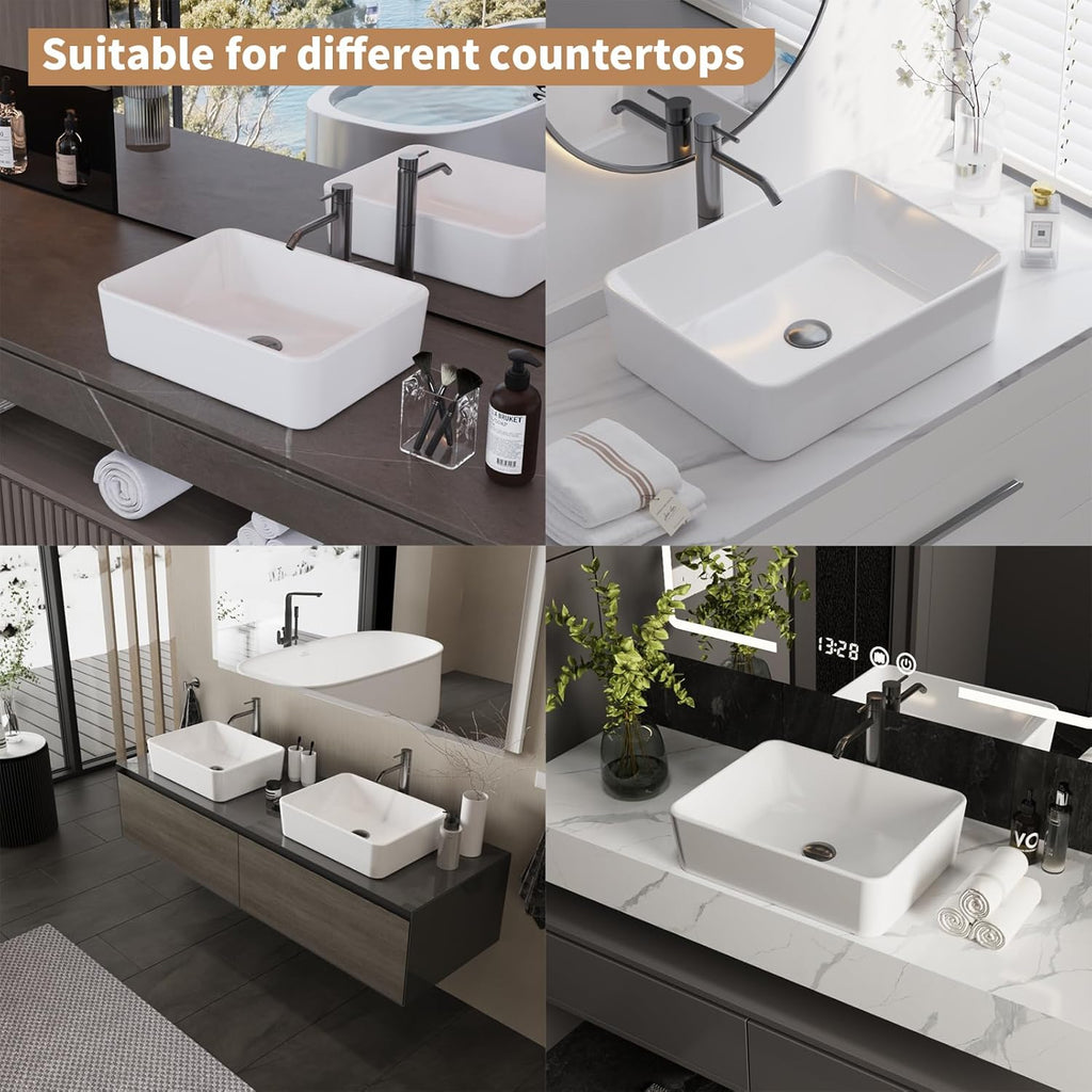 19"X15" Bathroom Vessel Sink Rectangular Above Counter White Porcelain Ceramic Modern Vanity Sink Rectangle Art Basin