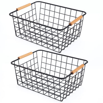 Black 2PCS Wire Storage Baskets with Wooden Handles for Pantry Organizer