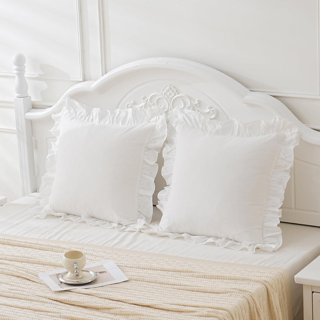 Vintage Off White Ruffle Euro Shams Shabby Farmhouse Pillow Cover 100% Washed Cotton Pillowcases Set of 2-26"x26" White