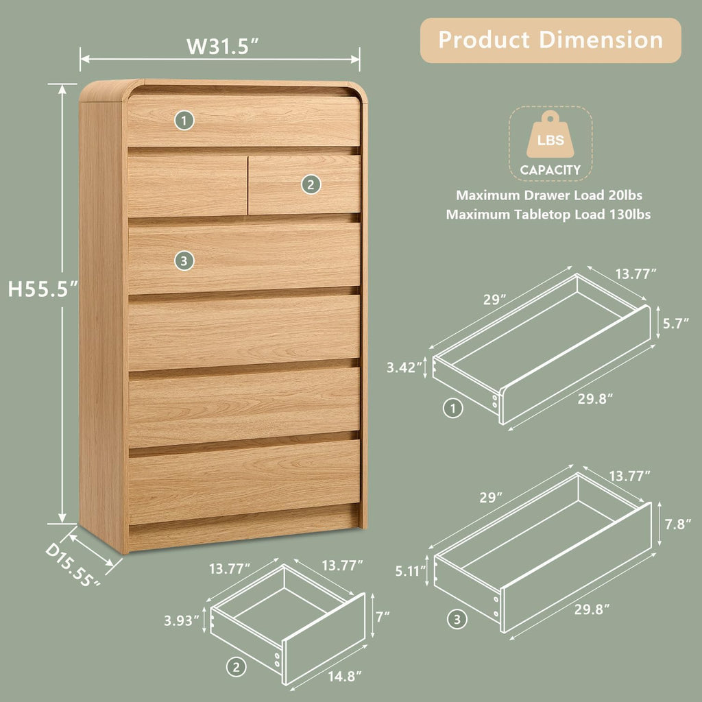 Modern 7 Drawers Dresser , 55" Tall Dressers & Chest of Drawers w/Curved Profile Design, Wood Mid Century Vertical