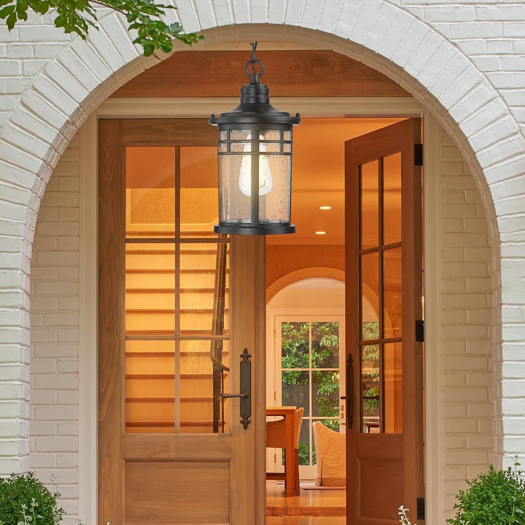 Outdoor Pendant Lights for Porch, Outdoor Chandelier Hanging Porch Lights Ceiling Mount Aluminum with Seeded Glass