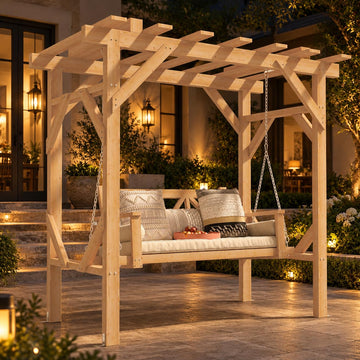 Porch Swing Cedar Wood Pergola with 3-Seat Hanging Bench, Natural