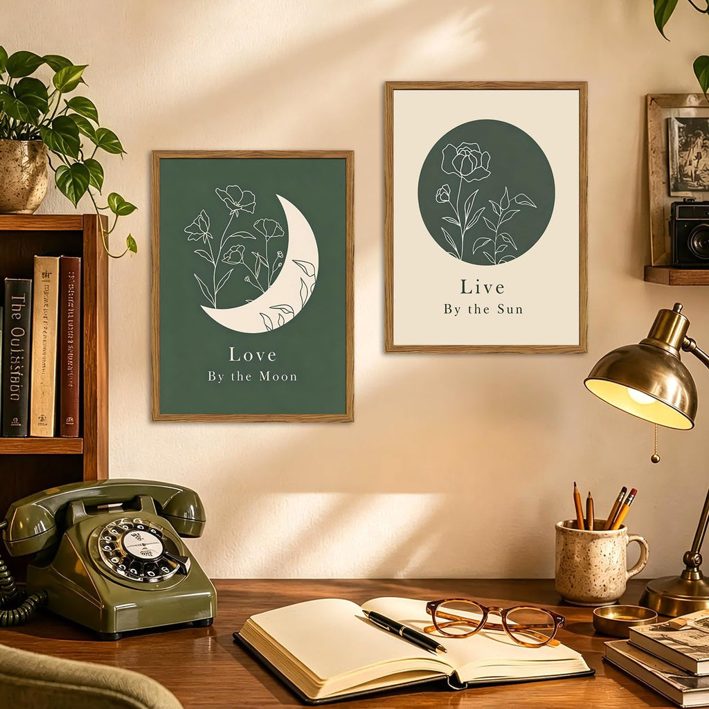 Framed Boho Sun and Moon Wall Art Set of 2, Sage Green Floral Line Pictures Wall Decor, Minimalist Quotes Paintings