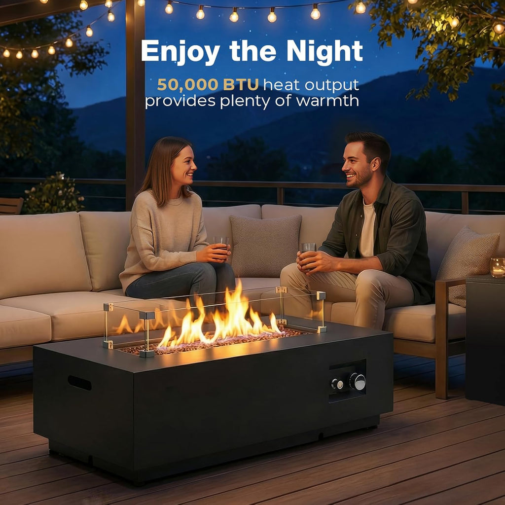 42'' Outdoor Propane Fire Pit Table, 50,000 BTU Rectanle Natural Gas Fire Pits with Tank Cover Wind Guard