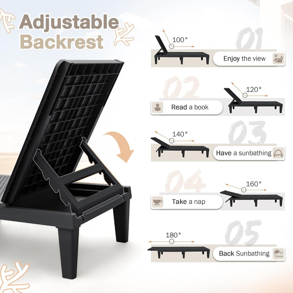 Outdoor Lounge Chairs Set of 2, Quick Assembly & Waterproof Patio Chaise Lounge with Adjustable Backrest for