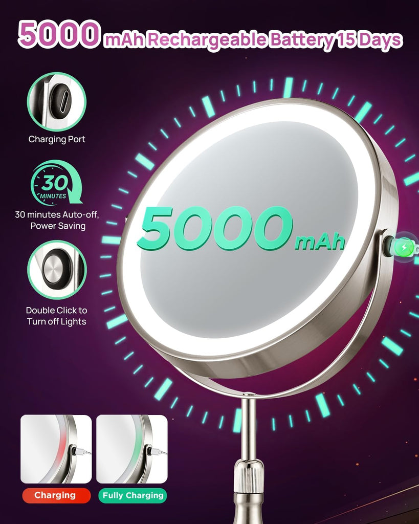 30X Magnifying Mirror with Lights, 8" Height Adjustable Makeup Mirror, Rechargeable 5000mAh, 30x Double