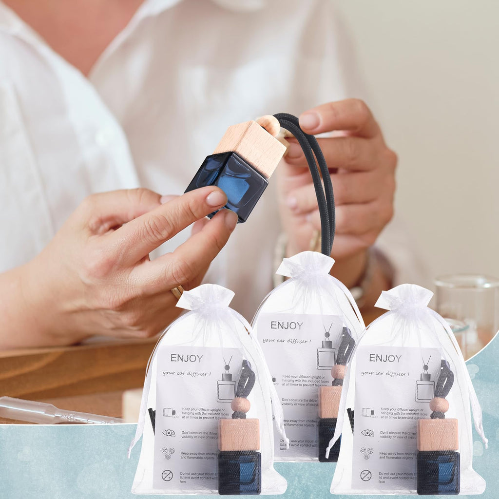 25 Sets Hanging Car Air Freshener Diffuser Bottles Empty Bulk with Car Diffuser Instruction Cards Organza Bags Glass