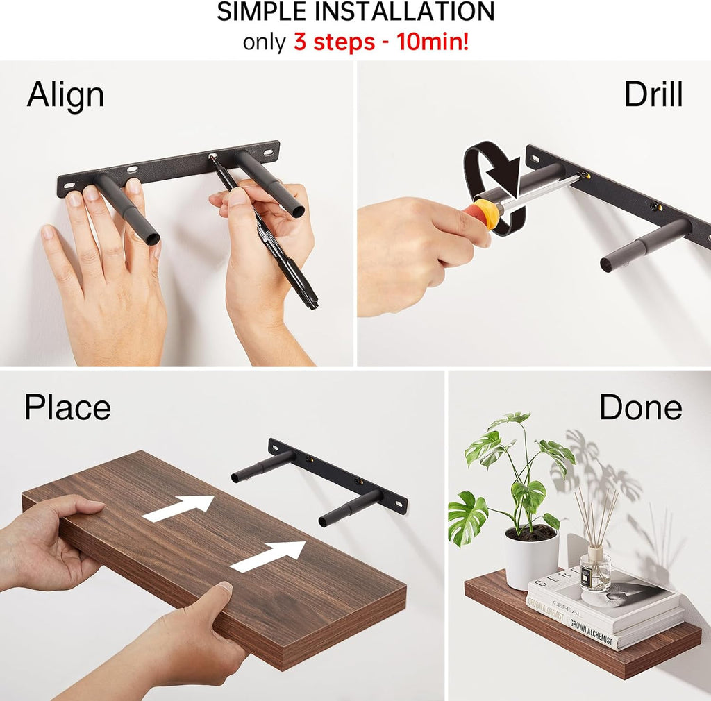 Walnut-Like Floating Shelves 15.7in, 3 Pack, Wall Mount Rustic Shelf | 22lbs Max Load, Hidden Bracket, Bedroom