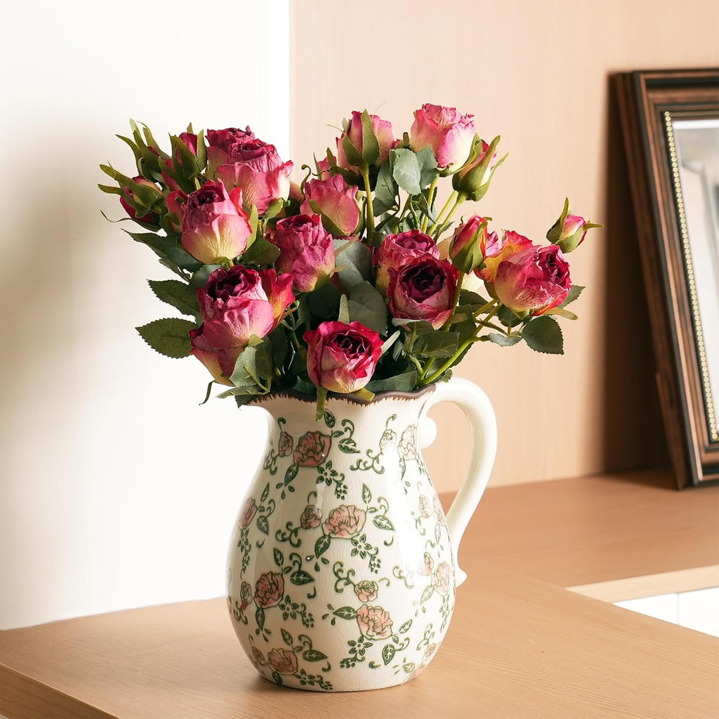 Vintage Ceramic Vase - 8.2 Inch Hand-Painted Roses with Ice Crackle Glaze Finish, American Farmhouse Style Pitcher Vase
