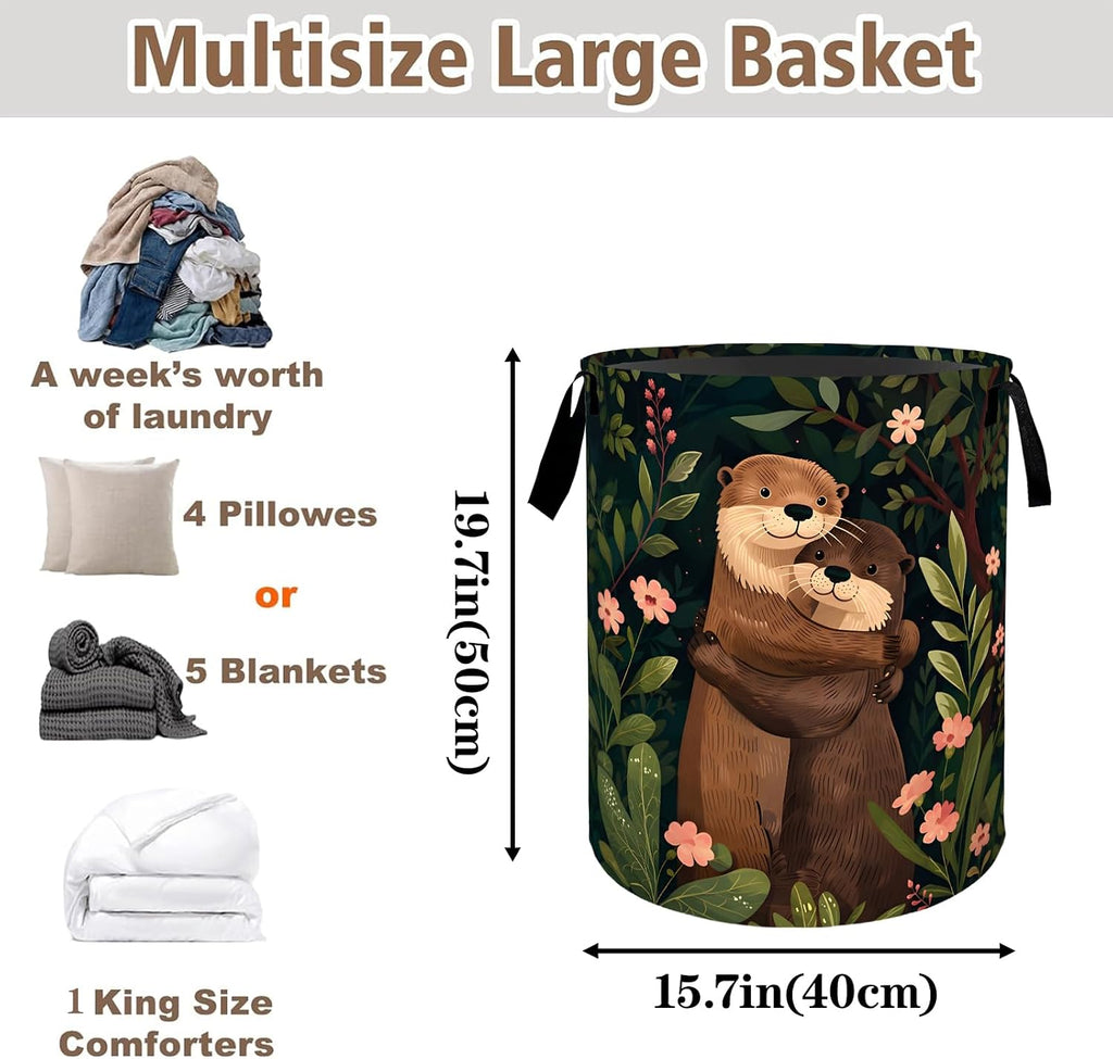 Cozy Otter Laundry Basket, Forest Blossom Print Decorative Hamper , Portable Waterproof Cloth Bin with Handles