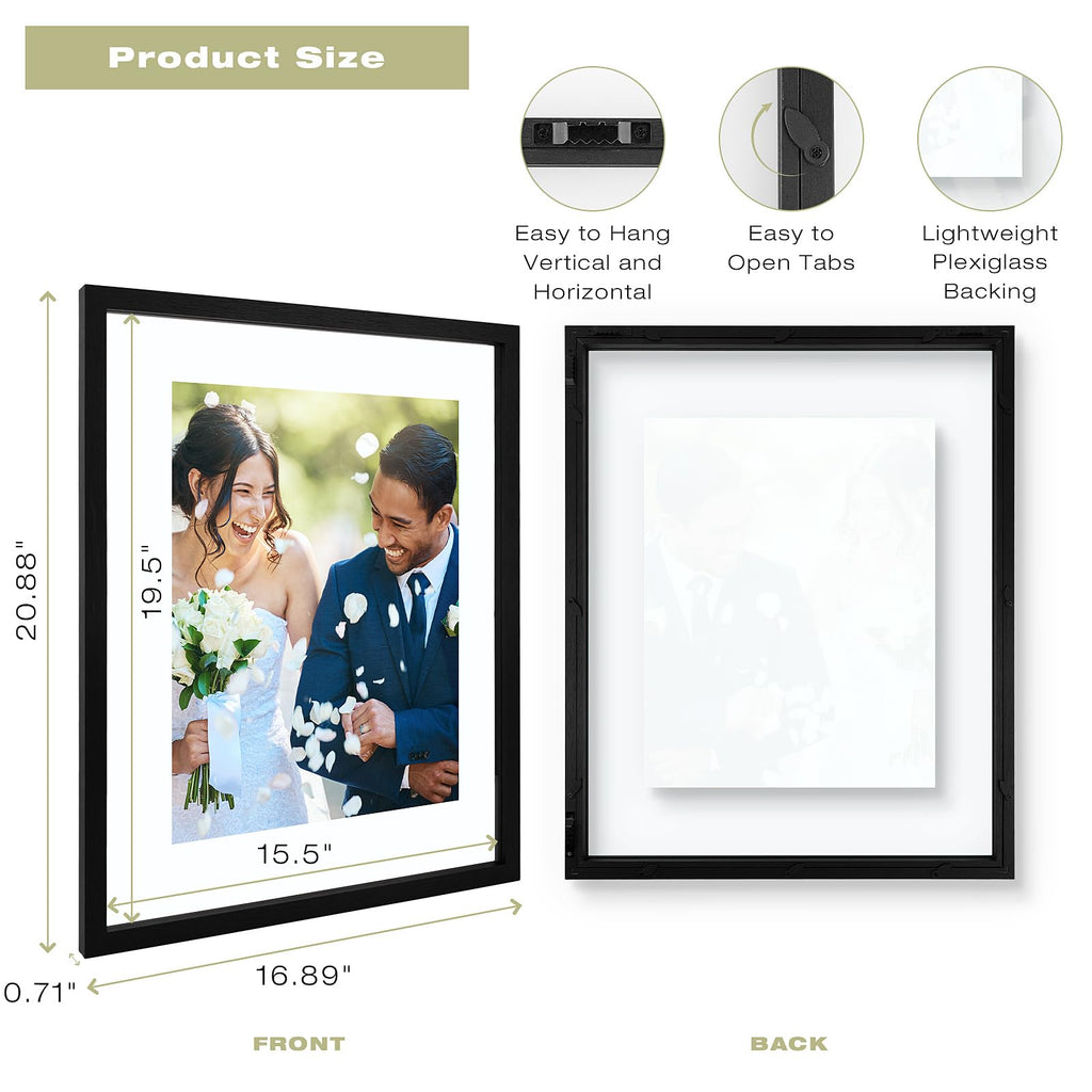 16x20 Floating Picture Frame Black - Solid Wood for Pressed Flower -1 Pack