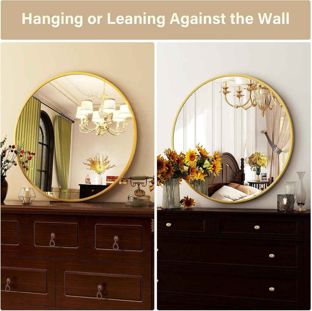 Round Mirror 30 Gold Wall Mounted Circle Mirrors Vanity Mirror with Brushed Aluminum Alloy Frame Modern Decoration