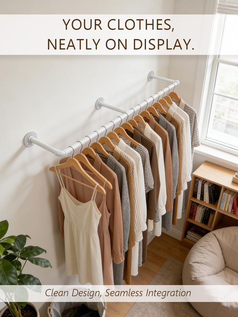 65.7in Industrial Pipe Wall Mounted Clothes Rack, Heavy Duty Detachable Iron Garment Bar, Rustic Space-Saving Hanging