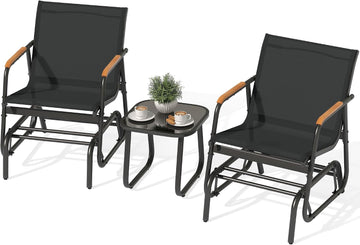 3 Piece Patio Glider Set Textilene Gliders Outdoor Furniture Black | Heavy-duty Patio Glider Set w/Breathable Fabric
