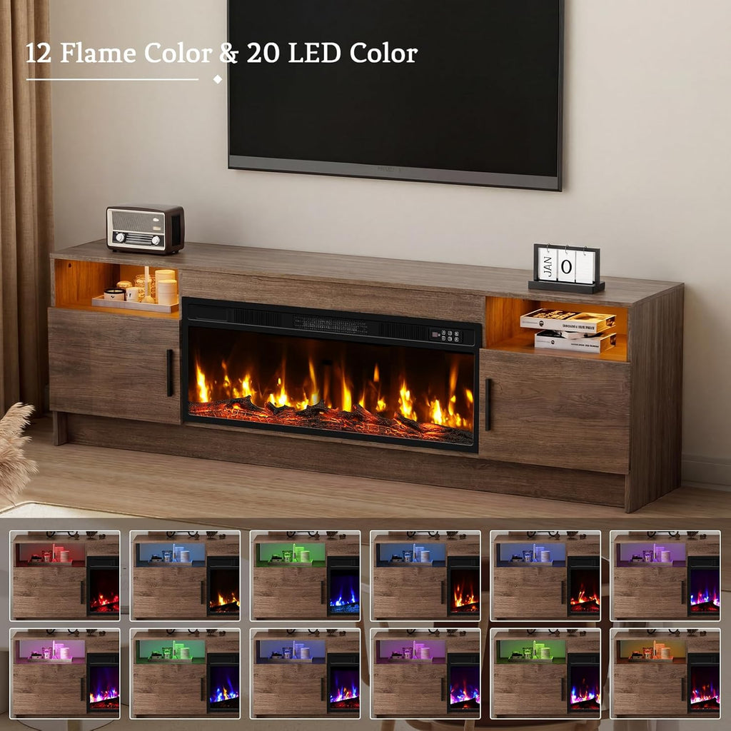 Fireplace TV Stand for 65-80 inch TV, Large Entertainment Center with Fireplace & LED Lights,High Gloss Living Room