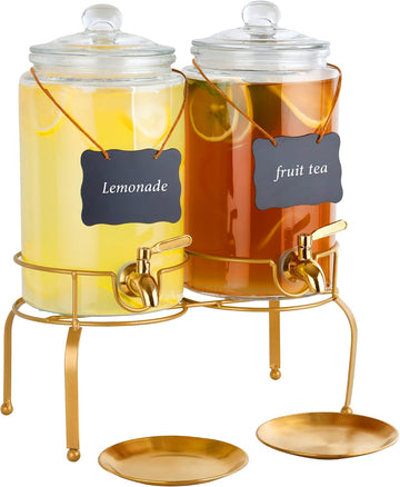 Drink Dispensers for Parties, 2 Pack 1 Gallon Beverage Dispenser with Stand, Drink Dispenser With Glass Lid, juice - Set of 2