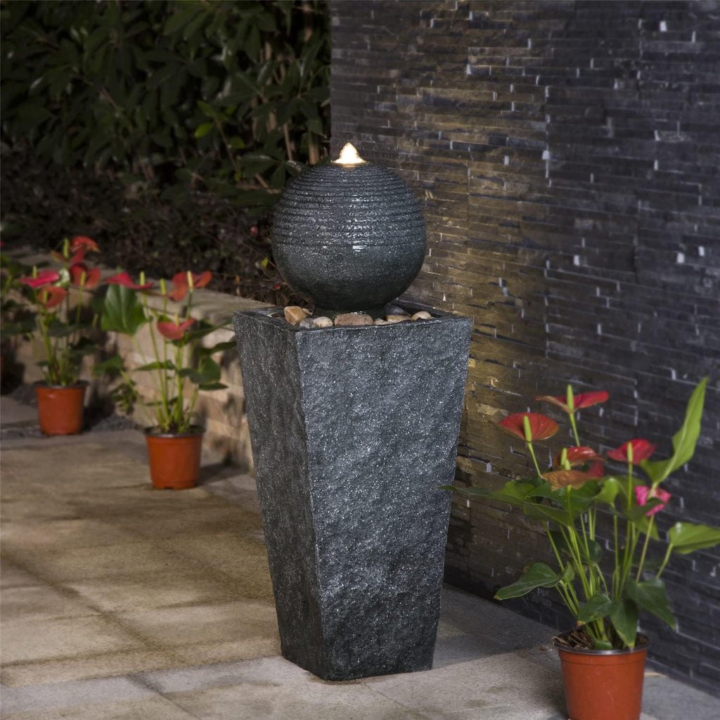 Outdoor Water Fountain with LED Light, Decorative Sphere Pedestal Outdoor Fountain with Submersible Pump