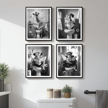 Framed Black and White Bathroom Wall Art Decor, 4 Piece Modern Animal Canvas Prints Painting Artwork, Dog Highland