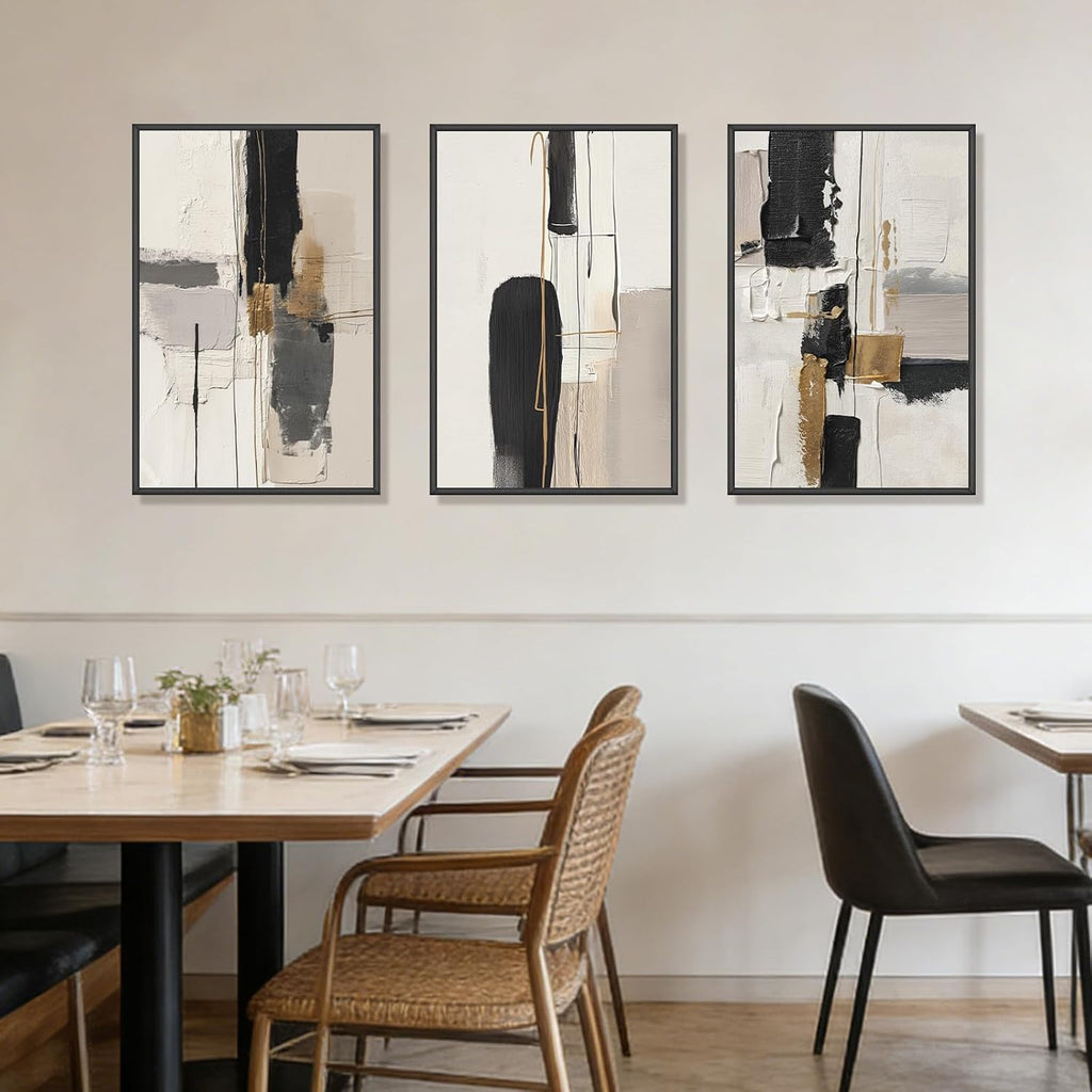Large Neutral Abstract Wall Art Set of 3 Framed Canvas Prints, 24x36 Inch Modern Beige Black Abstract Paintings with