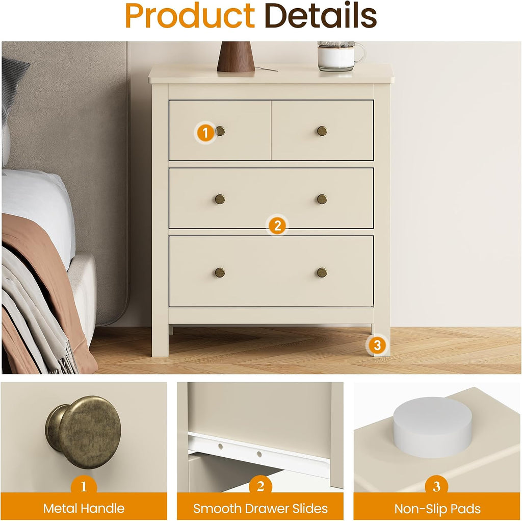 3 Drawer Nightstand, 27'' Wood Bedside Table with Storage Drawers, Modern Bedroom Storage Cabinet , Beige