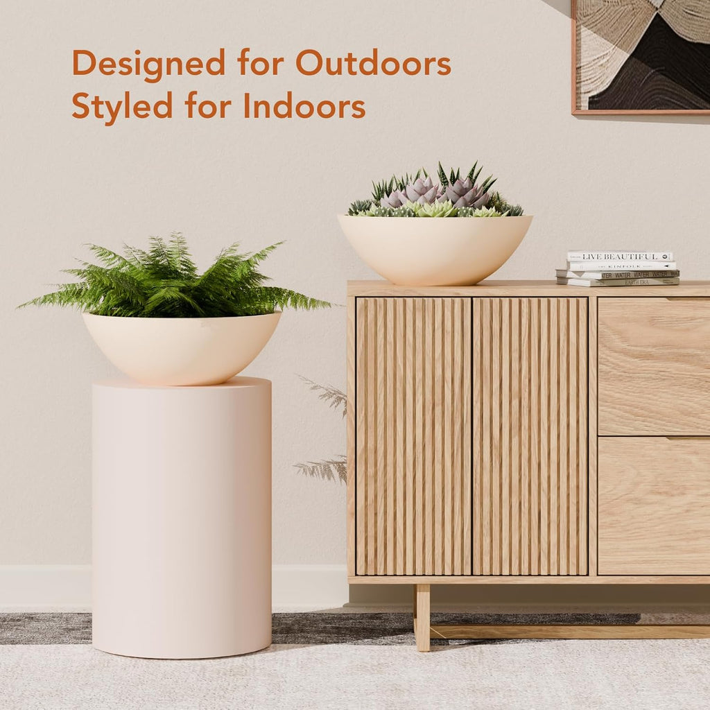 6.9" H x 19.7" D Premium Rondo Fiberstone Planter - Kilim Beige | 17.9" Pot Opening, Included 2 Extra Coco Mats
