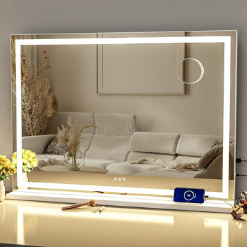 Makeup Vanity Mirror with Lights 32" x 24" Large LED Makeup Mirror, Light up Mirror with 10X Magnification and USB