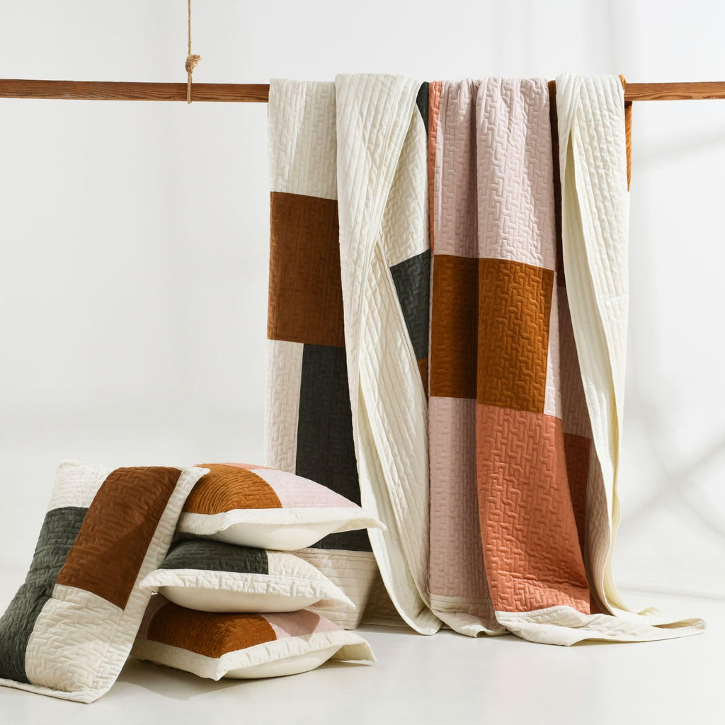 Velvet Quilt Set, Luxury Patchwork Design, Green Caramel
