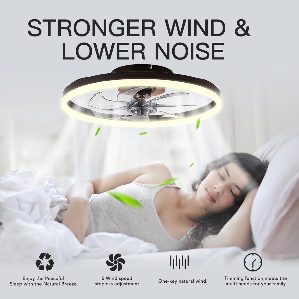 20'' Modern Low Profile Ceiling Fan with Light, Bedroom LED Ceiling Fan with Remote Control