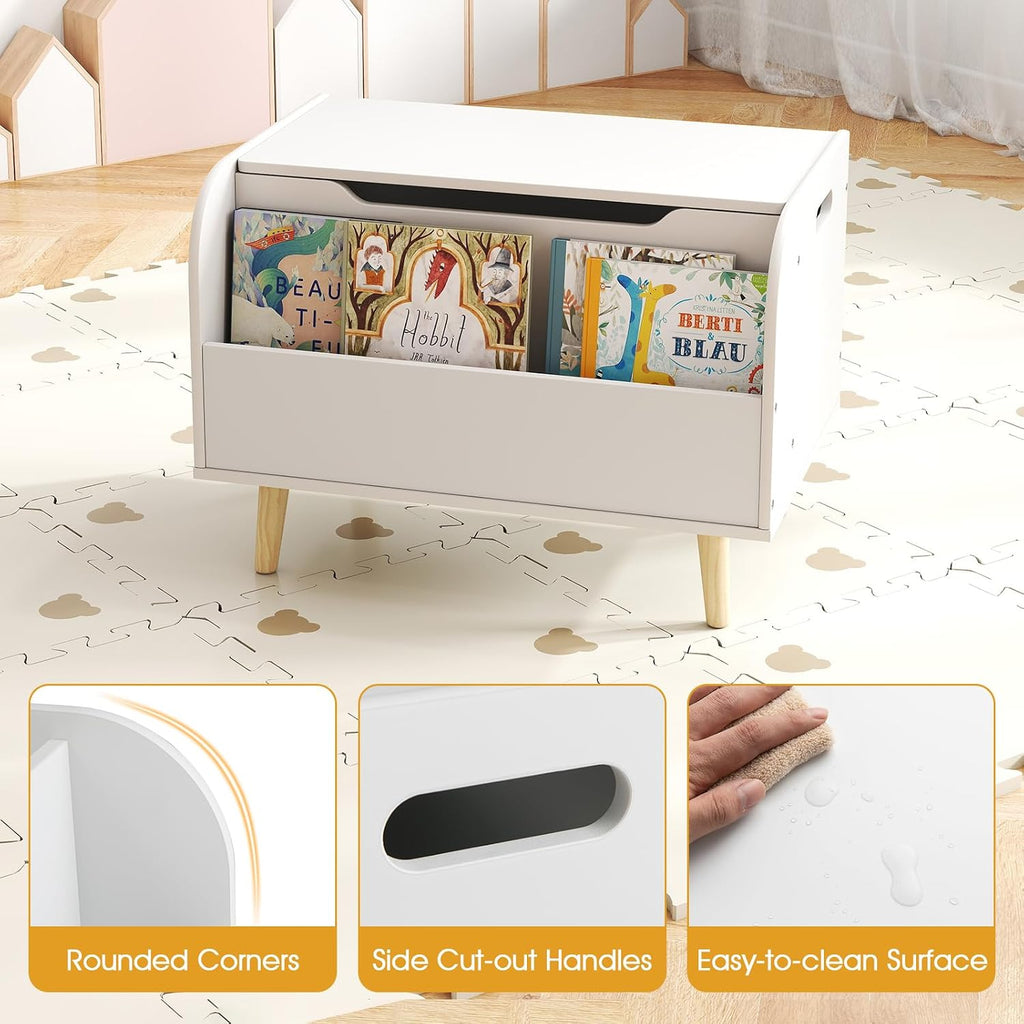 Kids Wooden Toy Box w/Front Bookshelf, Toy Storage Organizer w/ 4 Solid Wood Legs, Flip-top Lid, Safety Hinge &