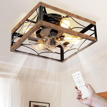 Caged Ceiling Fan with Light and Remote 16'' Rustic Square Flush Mount Ceiling Fan Small Farmhouse Bladeless Ceiling