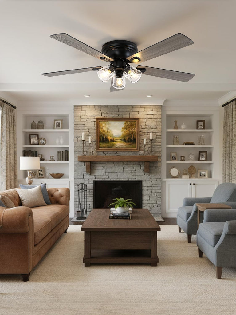 52 Inch Flush Mount Vintage Ceiling Fan with Lights and Remote