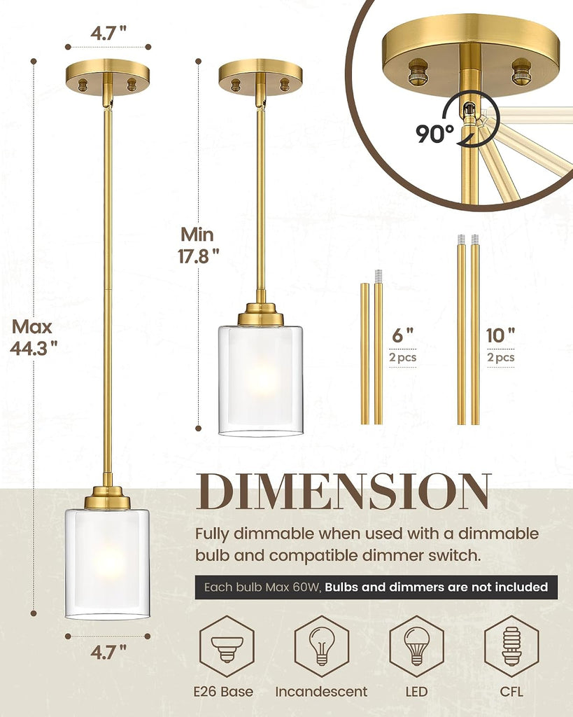 Modern Pendant Light, Brushed Gold Modern Pendant Light for Kitchen Island, Hanging Ceiling Light Fixture, Farmhouse