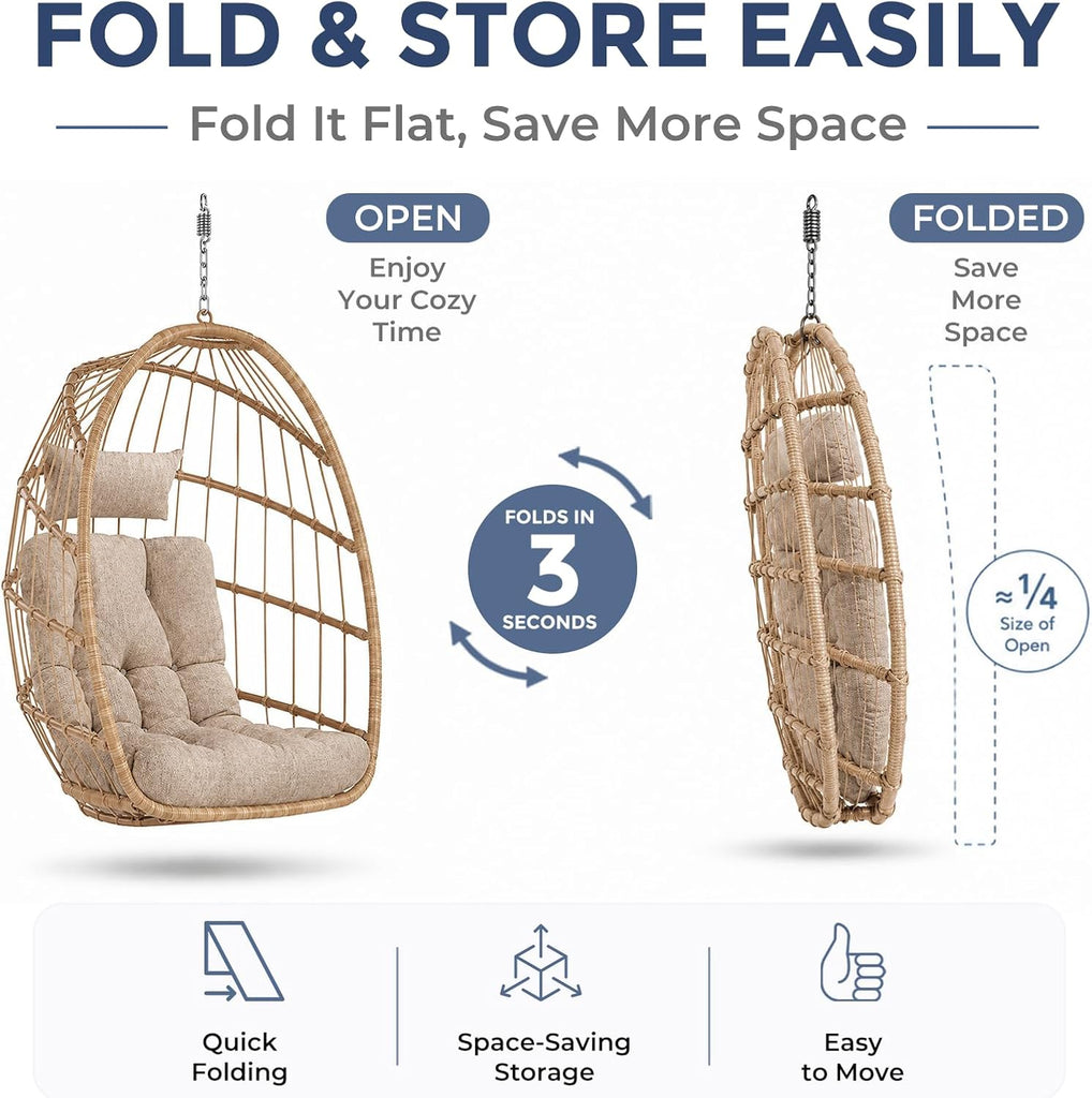 Outdoor Hanging Egg Chair with Stand, Indoor Wicker Egg Shaped Swing Chair with Cushion, 370lbs Capacity Comfy Patio
