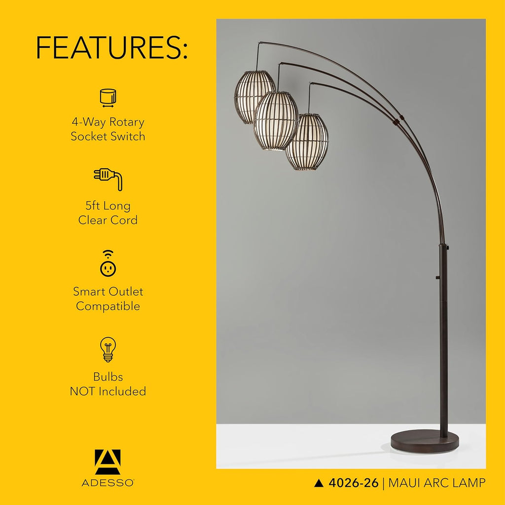 Maui Arc Floor Lamp with 3 Movable Shades & Adjustable Height- Perfect Lighting and Corner Decor, Antique Bronze