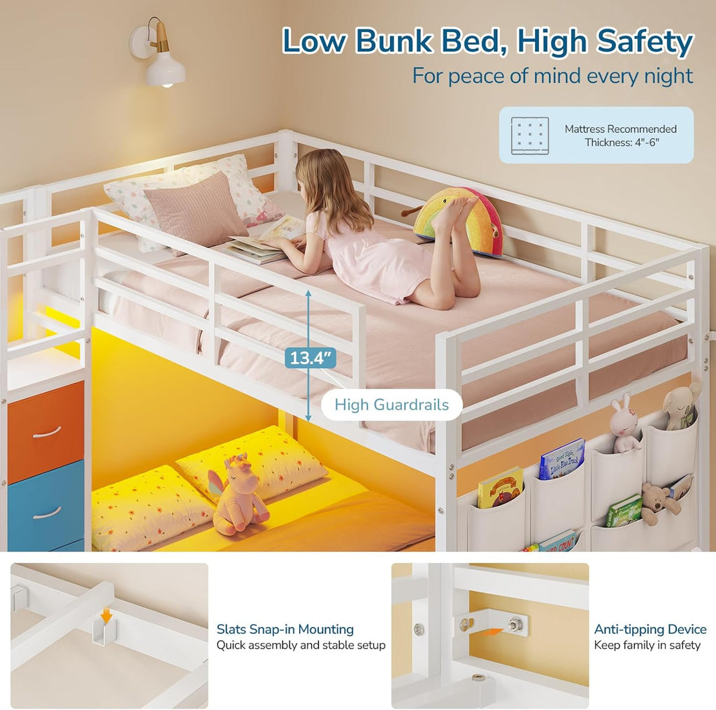 Low Bunk Bed Twin Over Twin with 6 Storage Drawers and 6-Pocket Organizer, Reversible Storage Staircase(Left or Right)
