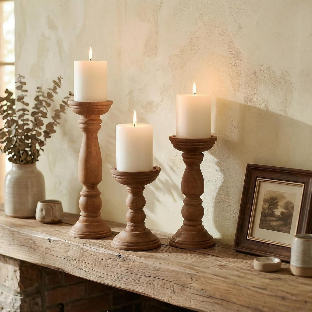 Farmhouse Wooden Candle Holders for Pillar Candles Set of 3, Rustic Wood Candle Holder Table Centerpiece Decor, 12''