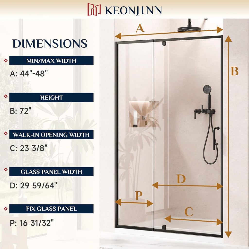 Pivot Shower Door, 44-48" W x 72" H Semi-Frameless Pivot Swing Glass Shower Door