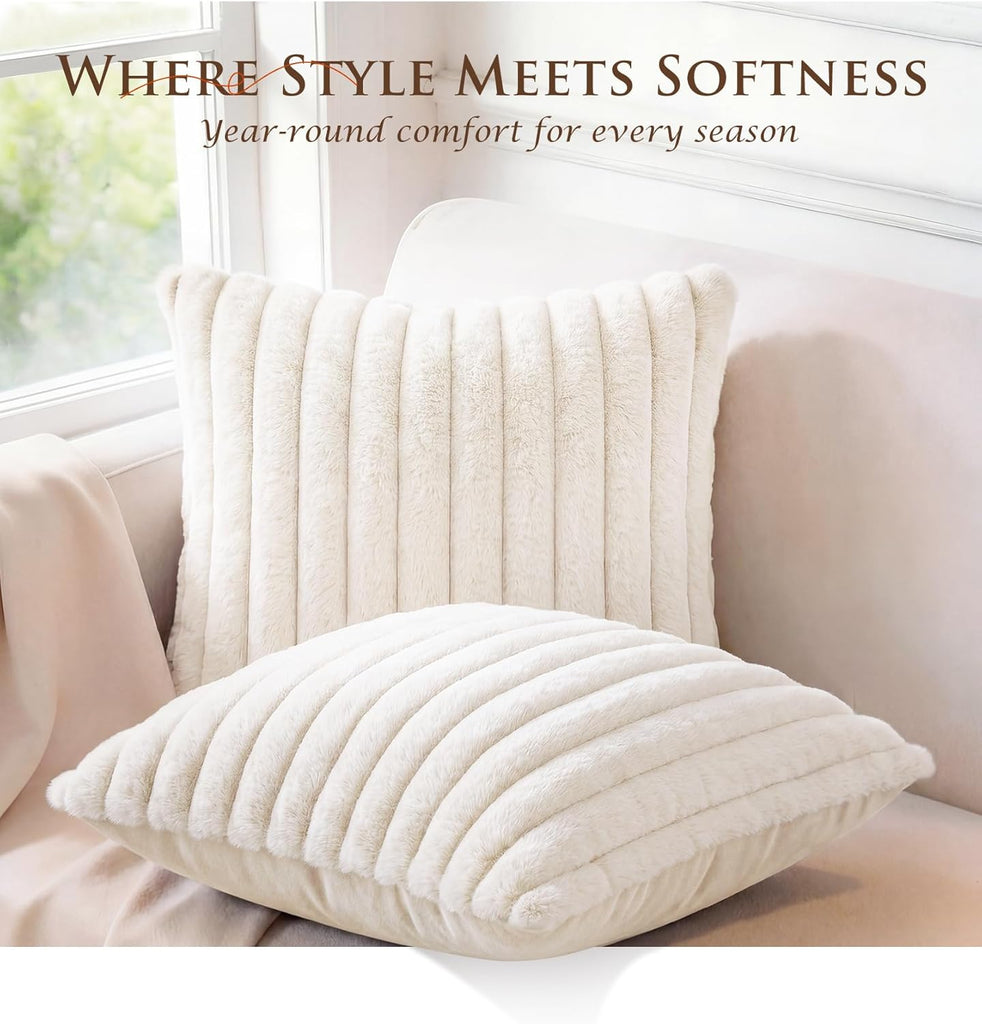 Pack of 2 Throw Pillow Covers 18x18 Decorative Solid Plush Faux Fur with Soft Velvet Back, Square Striped Cushion