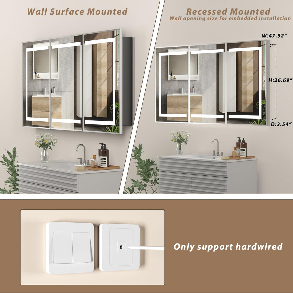 Led Medicine Cabinet with Mirror, Bathroom Vanity Mirror Cabinet with Shelves, 3-Color Lights Dimmer (Silver, 32" H x