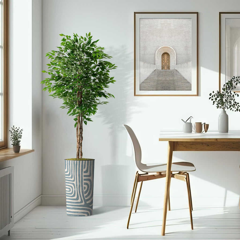 Artificial Tree in Geometric Pattern Planter, Fake Ficus Silk Tree for Indoor and Outdoor Home Decoration - 75"