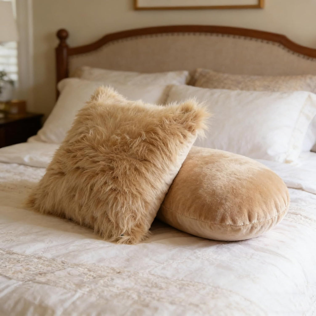 Fluffy Decorative Throw Pillow Covers Beige 20×20, Faux Fur Farmhouse Luxury Pillow Cases,Soft Plush Fuzzy Cushion