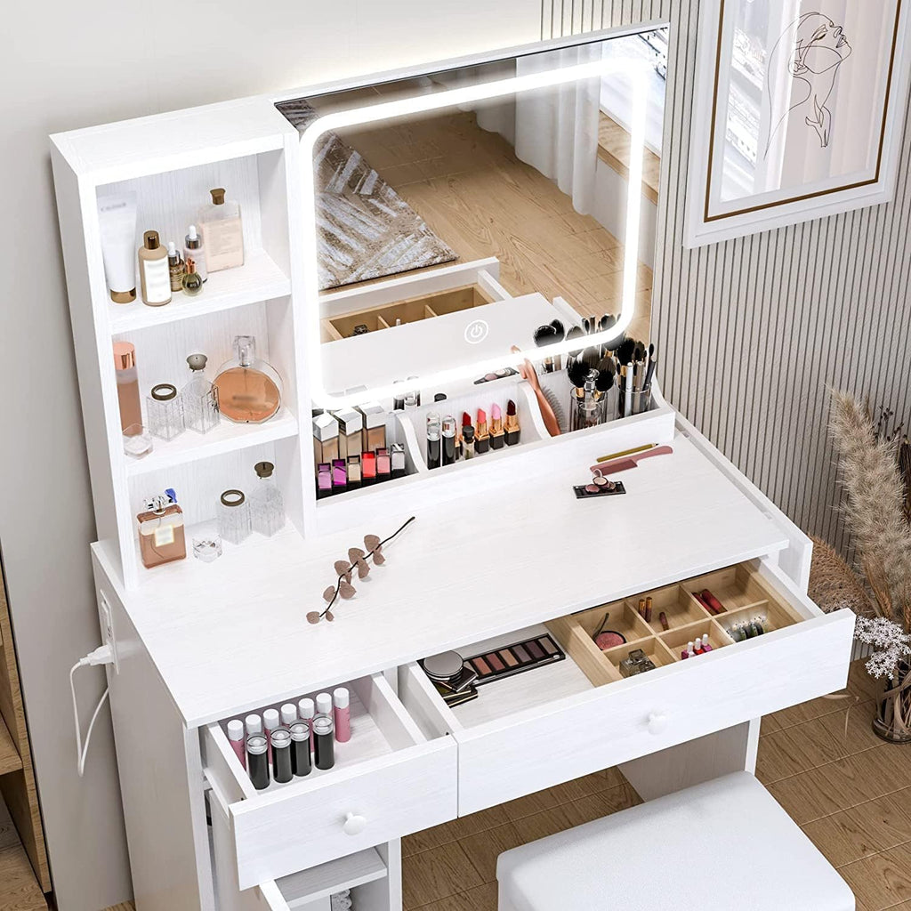 Vanity Desk with Charging Station and Dressing Room | LED Lights, Drawers, Mirror, Storage, Drawer space