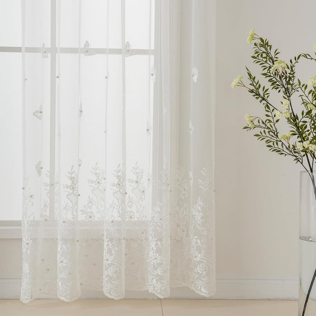 White Sheer Voile Curtains, Decorative White Embossed Butterflies Rod Pocket Window Drapes for Home Kitchen, Living
