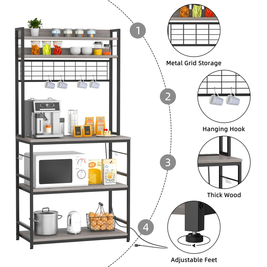 Kitchen Bakers Rack with Power Outlet, Coffee Bar Cabinet, Kitchen Racks with Storage Cabinet, 5-Tier Microwave Stand