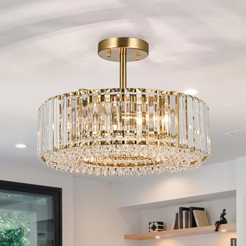 15.8" Modern Crystal Chandelier Gold Round Semi Flush Mount Ceiling Light Fixture Chandelier for Living Room Dining
