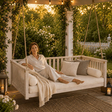Twin Size Acacia Wood Hanging Swing Bed with Ropes, Outdoor Porch Daybed , Garden & Backyard, Minimalist Wooden Swing