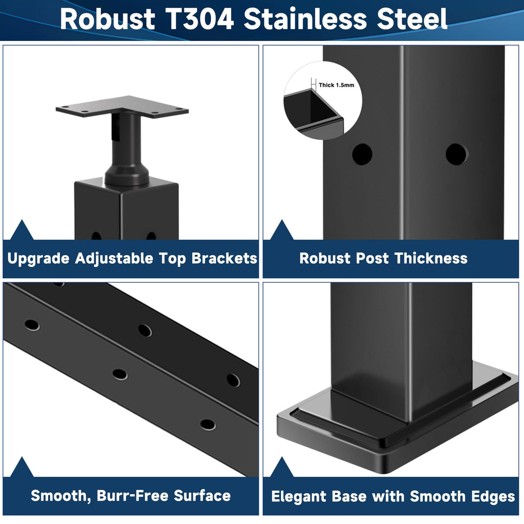 36" Modular Black Cable Railing Corner Post, L-Drilled Two-Side Hole