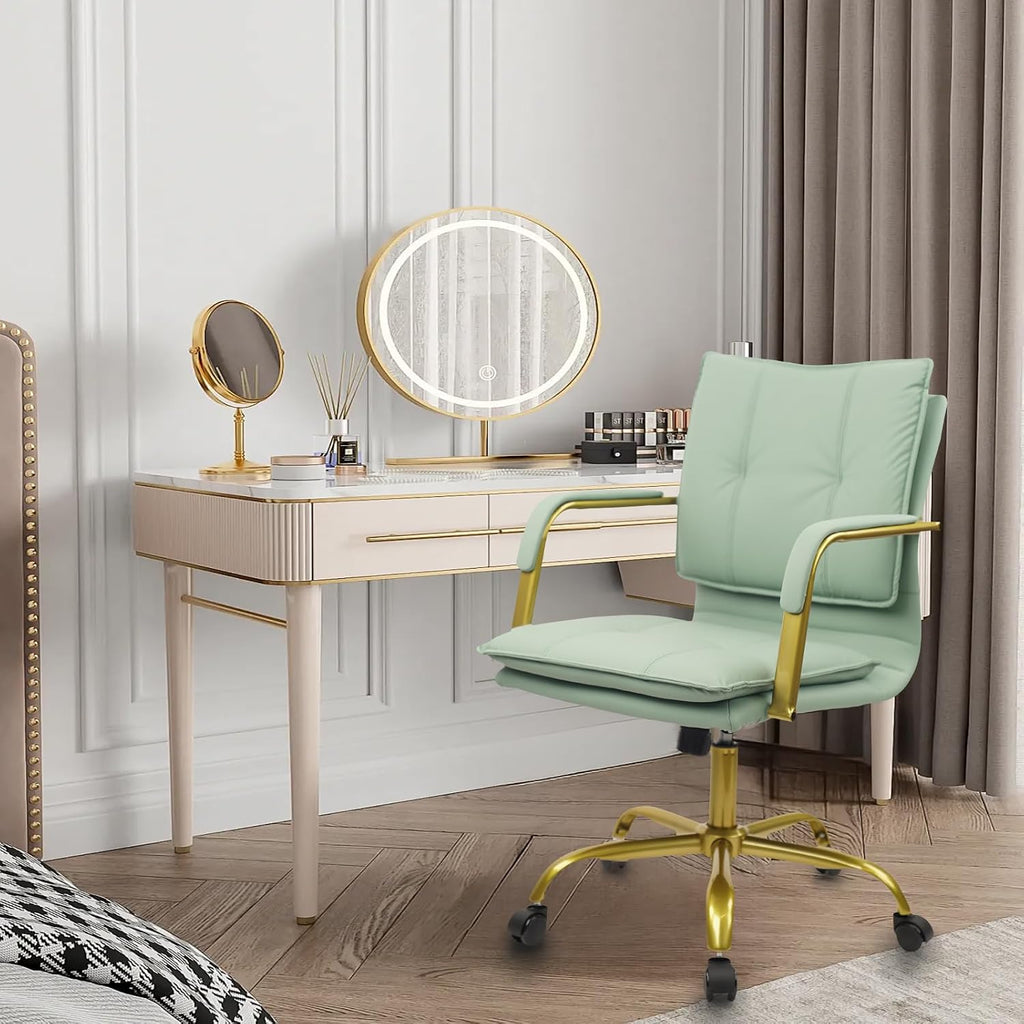 Leather Home Office Desk Chairs, Swivel Mid-Back Computer Chair with Golden Legs and Arms, Comfy Upholstered Task